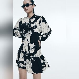 H&M NWT Floral Black and White Women's Dress Flare Button Boho Lagenlook XL